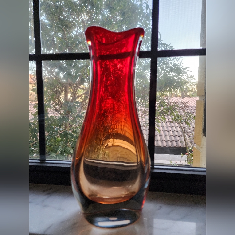 Vintage Novica Collection Red Orange Blown Glass Vase Brazil 13"